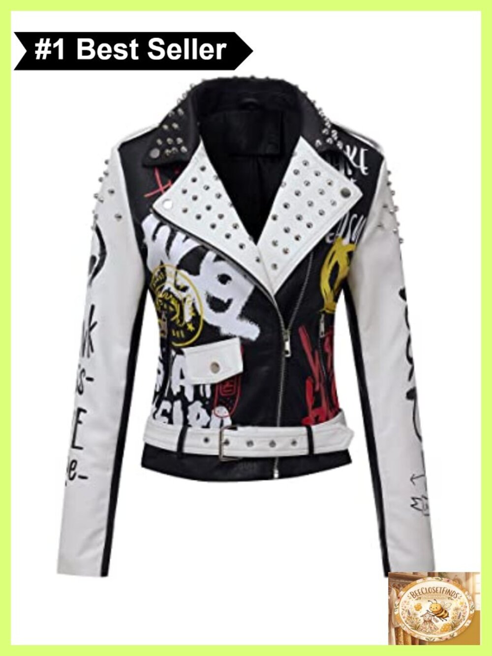 Women's Faux Leather Studded Moto Jacket Belted Short Streetwear